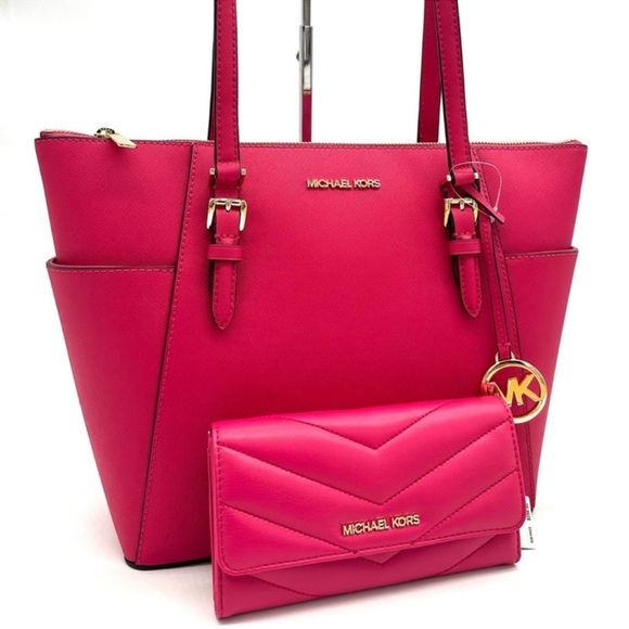 Michael Kors Large Charlotte Tote Bag & Large Quilted Trifold Wallet Pink/Gold - Picture 1 of 14